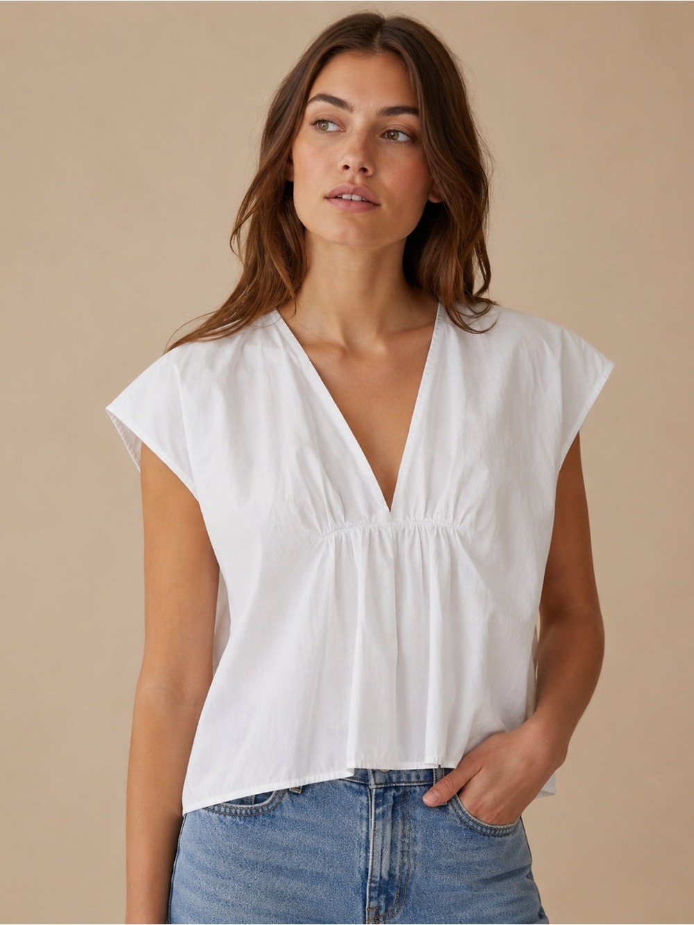 Attic and Barn White Cotton V Neck Babydoll Blouse